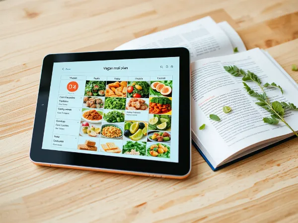 Mockup of a tablet showing a vegan meal plan and an open cookbook