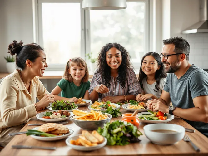 Happy family enjoying a plant-based meal together