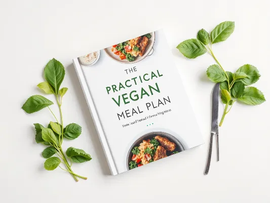 High-quality mockup of a digital guide or eBook with a clean modern cover titled 'The Practical Vegan Meal Plan' on a white desk background.